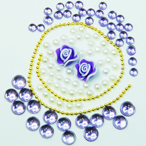 Fuschia Nail Art - Rose & Rhinestone 5pc Set - White/Purple