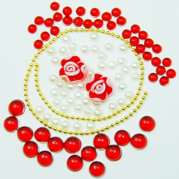 Fuschia Nail Art - Rose & Rhinestone 5pc Set - Red